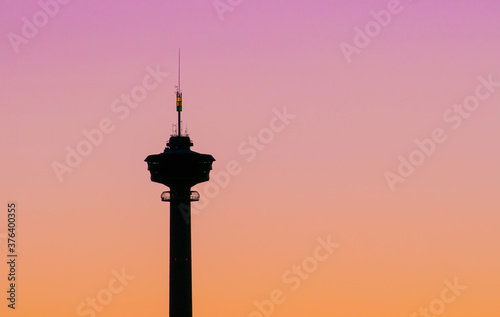 SIlhouette of tower Näsinneula on sunset in Tampere, Finland