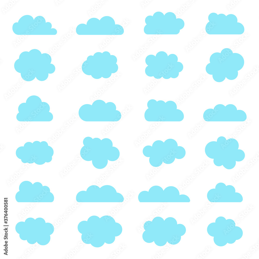 Cloud icons. Blue shapes of sky in cartoon style. Bubbles and balloons on white background. Set of abstract tags. Simple of graphic heaven symbols. Paper boxes for speech. Isolated banners. Vector