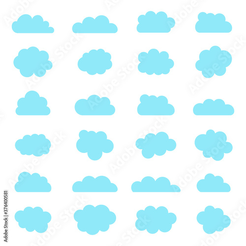 Cloud icons. Blue shapes of sky in cartoon style. Bubbles and balloons on white background. Set of abstract tags. Simple of graphic heaven symbols. Paper boxes for speech. Isolated banners. Vector