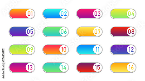 Button with switch and number. Bullet with toggle and borders. Color icons with sliders for ui, app and web. Set of point for slide from 1 to 16. List for info in smartphone and infographic. Vector