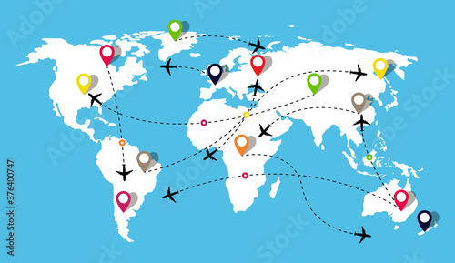 Map with airplanes flight. Travel in world on plane. Route of airline with aeroplane path. Air traffic for delivery from china to us and europe. Tracks of flying and airports for trip plan. Vector