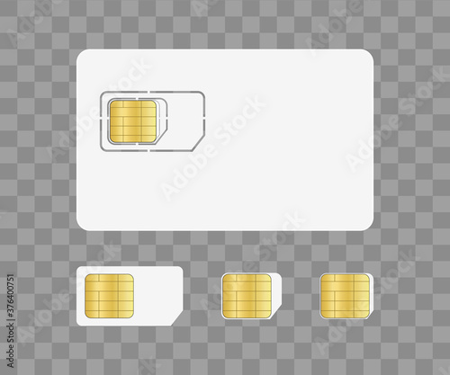 Sim card for mobile with chip. Simcard for identity on phone. Nano and micro card for corporate communication. Prepaid for technology. Icon on transparent background. Cellphone with microchip. Vector
