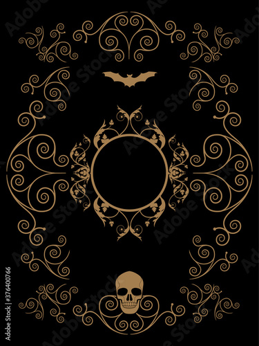 Frame illustration ornamental background with terrifying symbols. Skulls and vampires.
