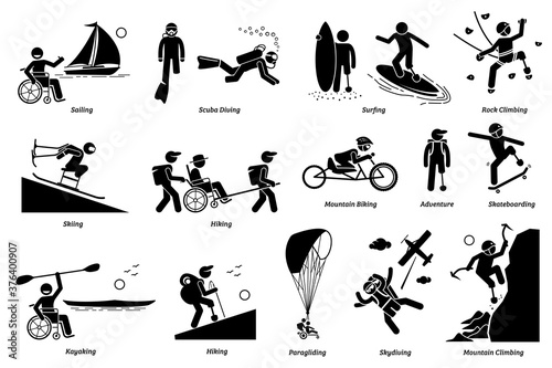 Adaptive recreational activities for handicapped or disabled people stick figure icons. Vector illustrations of extreme sports and accessible adventures for person with physical disabilities.