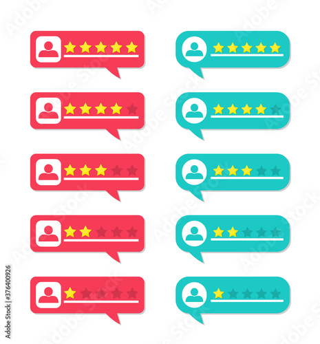 Review, rate and feedback from customers. Bubbles with stars for testimonial. Online rating for client with bad or good comment. Survey of level of satisfaction. Experience of user of hotel. Vector