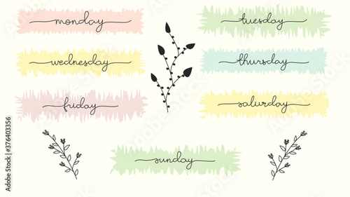 Vector handwritten week days and symbols set. Ink font. Stickers for planner and other. Clipart. Isolated