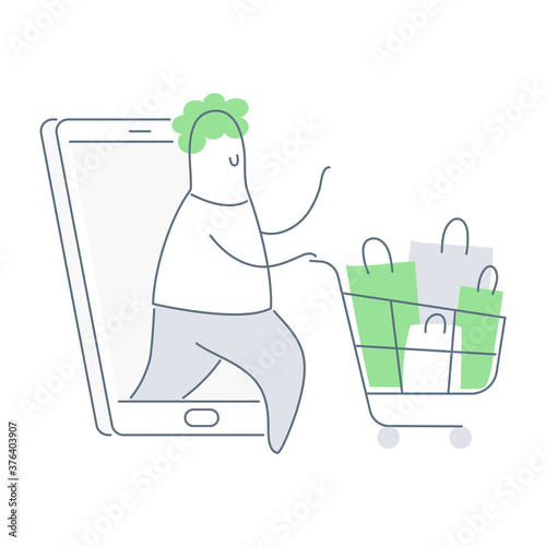 Online shopping, fast delivery. A cute cartoon man with a shopping cart comes out of the phone screen. Flat clean line vector illustration on white.