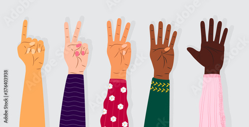 Hand gesture sign vector. Set of counting on fingers. Five wrist icons with finger count in cartoon style. Hands of people of different races.