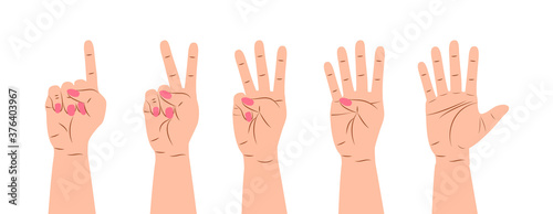 Hand gesture sign vector. Set of counting on fingers. Five wrist icons with finger count in cartoon style.