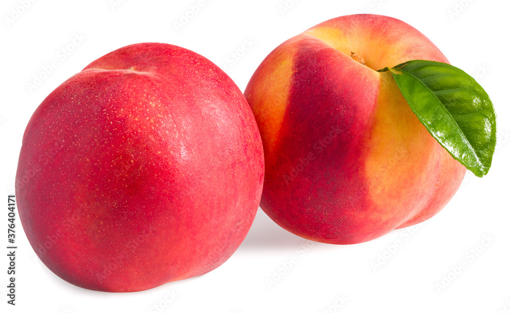 peach fruits with green leaf isolated on white background. full depth of field peach fruits with green leaf isolated on white background. full depth of field