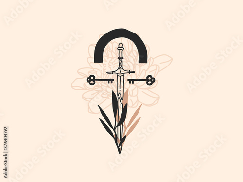 Hand drawn vector abstract stock flat graphic illustration with logo elements ,sword and flowers, magic line art in simple style for branding ,isolated on white background