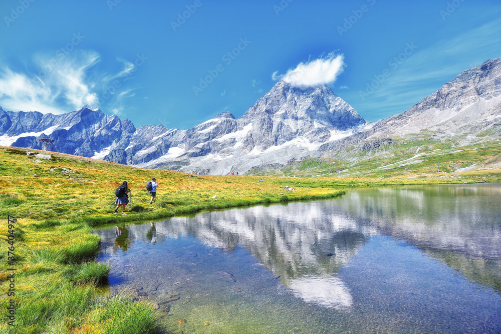 The Matterhorn seen from the Tramail lakes, above Cervinia in the Aosta valley