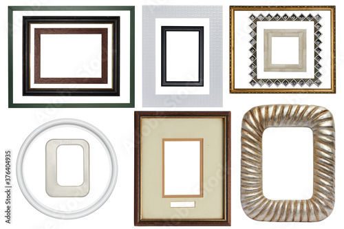 Set of the high resolution imeages of the frames, modern, vintage, old and new ones. Gold, brown, white, green. Wodden, metal, ceramic and marval. 