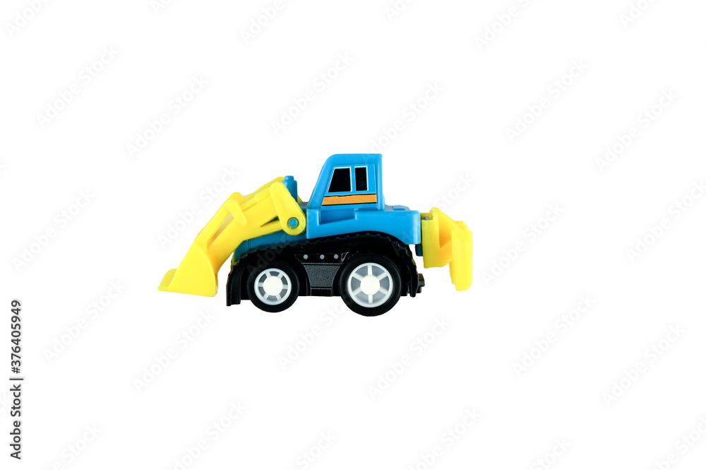 Fototapeta premium blue and yellow bulldozer child car on isolated background
