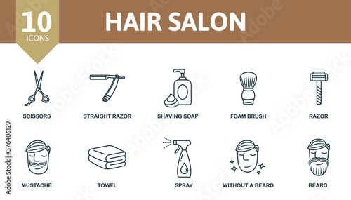 Hair Salon icon set. Collection contain scissors, straight razor, foam brush, mustache and over icons. Hair Salon elements set.