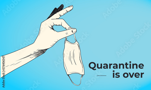 Quarantine is over horizontal vector banner template with a hand throwing out medical mask. Back to normal social and economic activities after coronavirus pandemic. Healthcare. Social issues