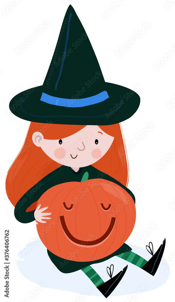 A red haired girl dressed as a witch and holding a carved pumpkin