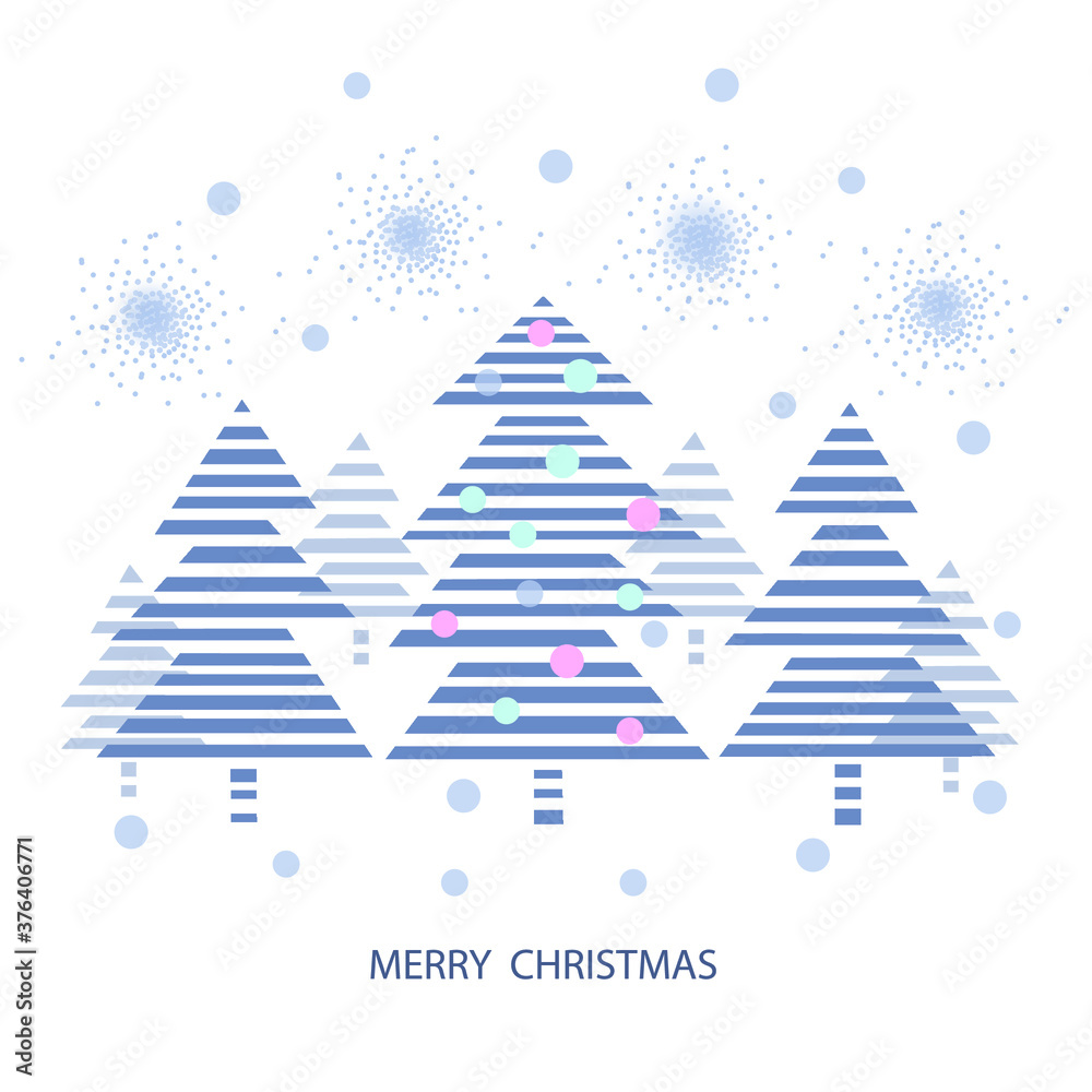 Festive Christmas card with stylized blue Christmas trees and inscription Merry Christmas.