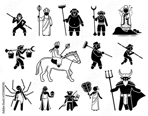 Journey To The West characters icons set. Vector illustrations of legendary heroes and villains of the Chinese mythology.