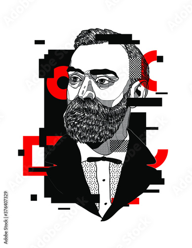 Vector illustration hand drawn. Alfred Bernhard Nobel. Glitch red modern style. photo