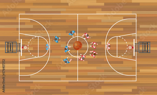 Basketball match top view. Basketball at the stadium. View from above. 