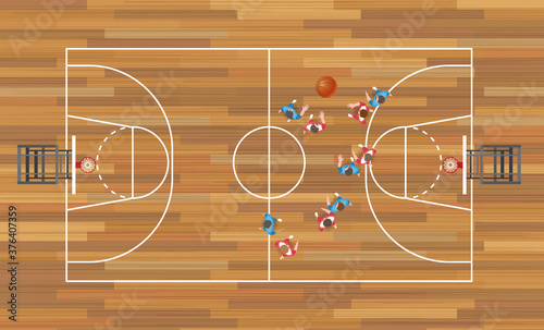 Basketball match top view. Basketball at the stadium. View from above. 