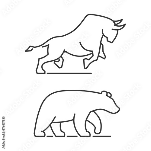 Bear and Bull Icons Set on White Background. Vector