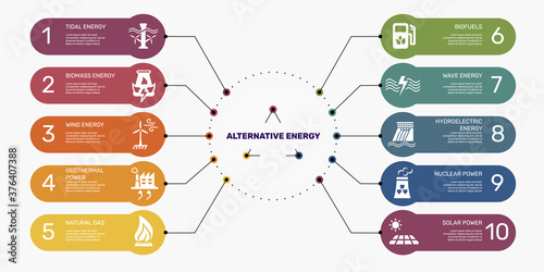 Infographic Alternative Energy template. Icons in different colors. Include Tidal Energy, Biomass Energy, Wind Energy, Geothermal Power and others.