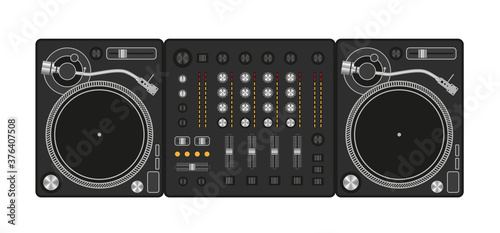 Mixer equipment entertainment DJ station. Top view. Black Dj set. View from above.