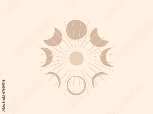 Hand drawn vector abstract stock flat graphic illustration with logo elements ,moon and sun , magic line art in simple style for branding ,isolated on white background