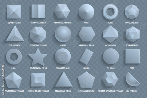 Vector set. Top view realistic math basic 3d shapes. Three dimensional geometric figures. Geometric shape figure form illustration.