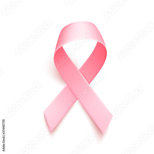 Realistic pink ribbon over white background with shadow. Symbol of national breast canser awareness month in october. Vector illustration.