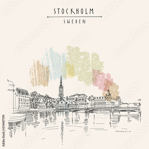 Vector Stockholm postcard. Panorama of Stockholm, Sweden, Scandinavia, Europe. Gamla Stan (Old town) travel sketch. Vintage touristic postcard, poster or book illustration in vector