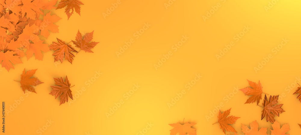 Autumn leaves background. Orange fall leaf abstract template illutration. Leaves floral mockup. 3d rendering. - obrazy, fototapety, plakaty 