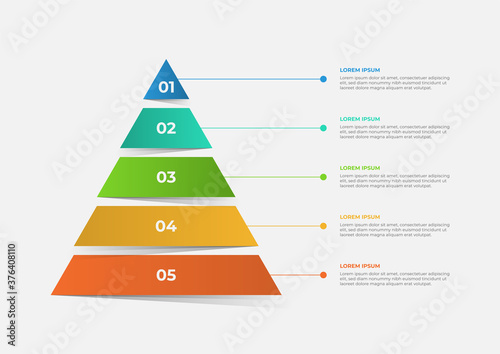 A pyramid-shaped modern timeline infographic template divided into five parts. Vector business template for presentations. Suitable for brochures, workflows, annual reports, charts, layouts