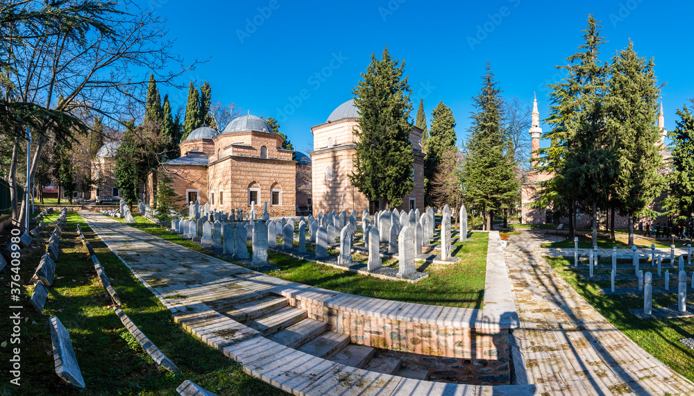 Ottoman gravestones museum and ottoman tombs view of Muradiye complex in Bursa. Bursa is populer tourist destination in Turkey.
