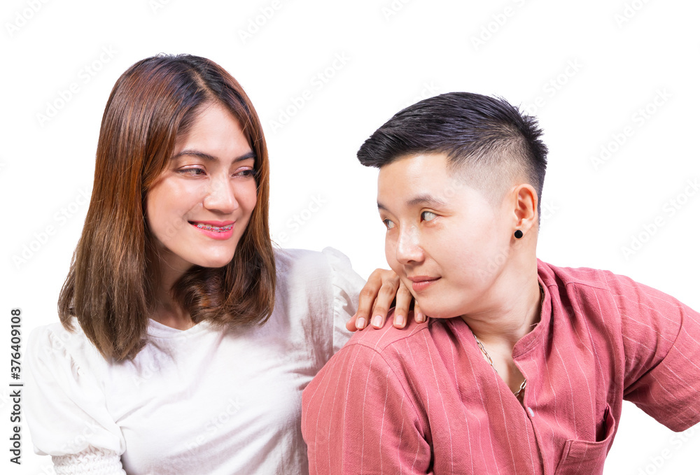 Closeup Two smiling woman young girls look tomboy happiness friends on with white background Closeup Two smiling woman young girls look tomboy happiness friends on with white background