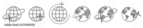 globe plane icon vector. airplane fly around the earth. international world fly sign symbol. isolated logo on white background. jet aircraft map global passenger cargo logistic concept #376409300