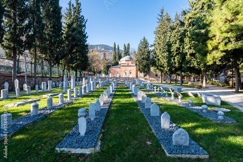 Ottoman gravestones museum and ottoman tombs view of Muradiye complex in Bursa. Bursa is populer tourist destination in Turkey.