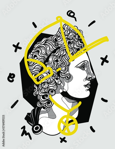 The Apollo Belvedere sculpture. Vector illustration hand drawn. Crazy yellow style.