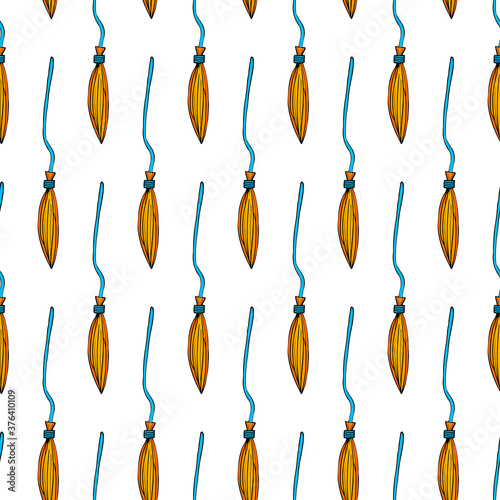 Witch broom vector seamless pattern. Witchy background for halloween design. Magic and witchcraft concept. EPS 8.