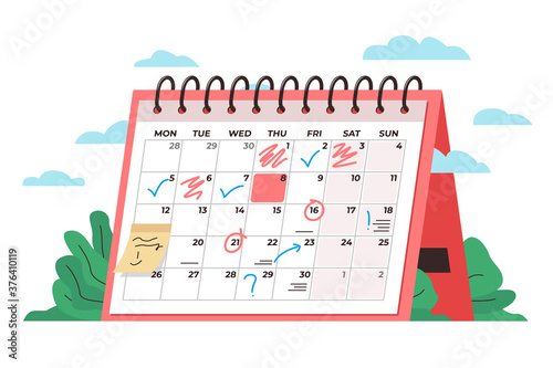 Calendar time management concept. Vector conceptual illustration of a big desk calendar showing monthly schedule with notes and check marks. Concept of time management, monthly schedule, timetable photo