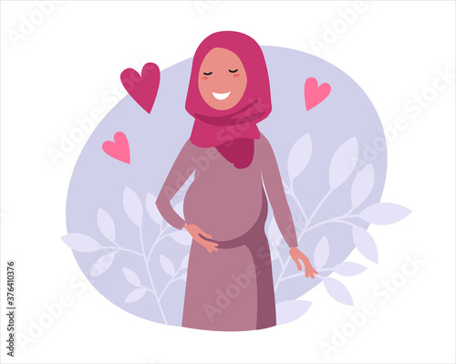 A poster with a beautiful Muslim pregnant woman. flat cartoon vector illustration.  A pregnant woman holds her hands on her stomach.  Happy mother is expecting a baby.