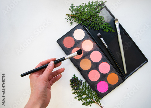 Professional makeup eyeshadow palette closeup. Hand holding makeup brushes. Green plant branches. Flatlay. White background.