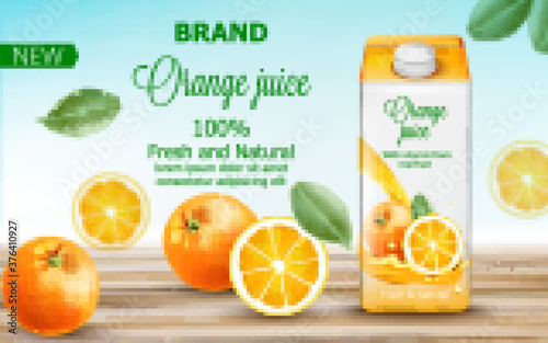 Carton box with orange juice surrounded by citruses and leaves. With vitamin from real fruit. Fresh and natural product. With place for text. Realistic