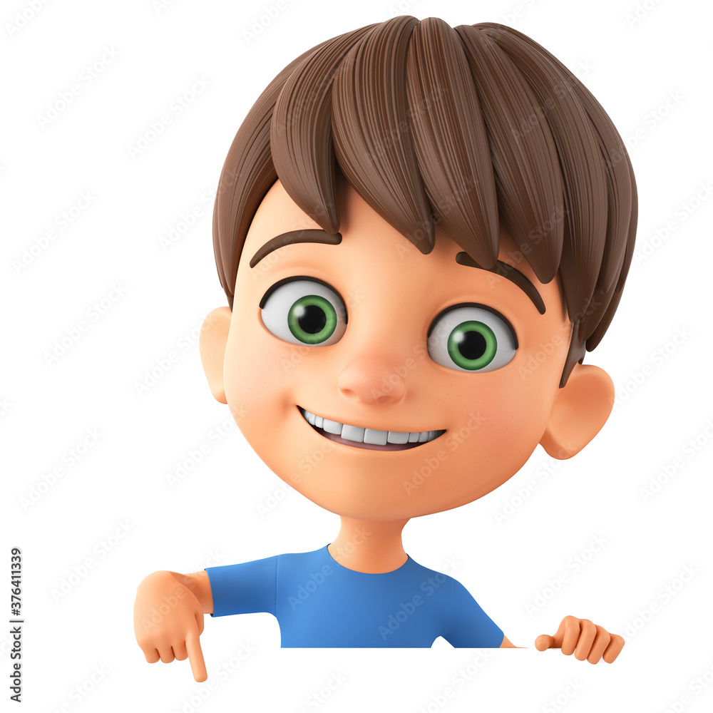Cheerful smiling cartoon character little boy points to blank white board on white background. 3d render illustration for advertising. Cheerful smiling cartoon character little boy points to blank white board on white background. 3d render illustration for advertising.