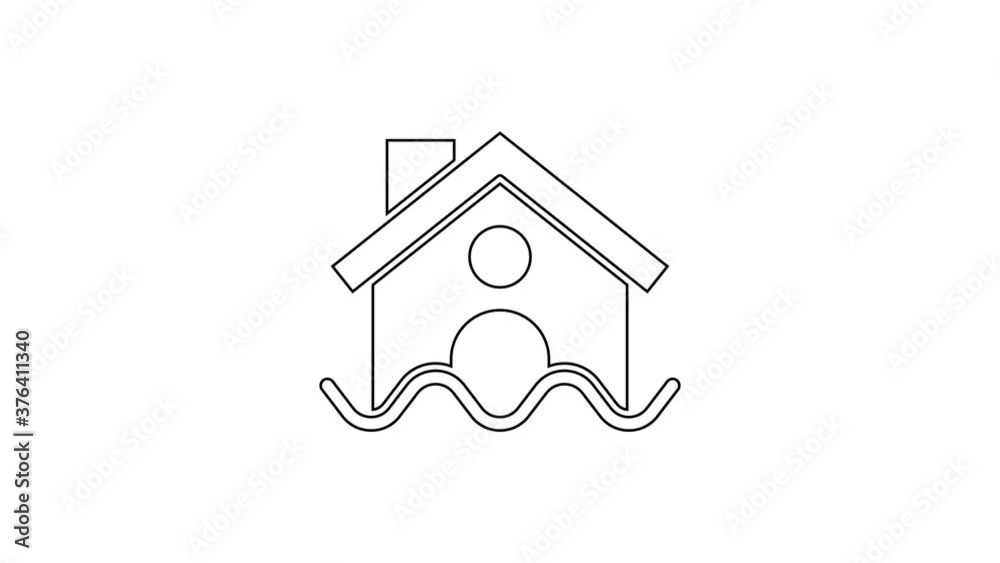 Black line House flood icon isolated on white background. Home flooding under water. Insurance concept. Security, safety, protection, protect concept. 4K Video motion graphic animation. Black line House flood icon isolated on white background. Home flooding under water. Insurance concept. Security, safety, protection, protect concept. 4K Video motion graphic animation.