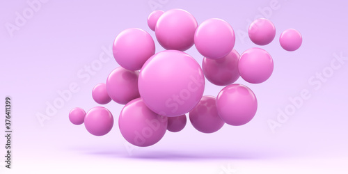 Fototapeta Naklejka Na Ścianę i Meble -  Many pink balloons flying on purple background. 3d render illustration. Illustration for advertising.