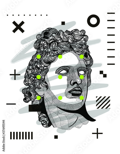 Classical Sculpture. Apollon. Vector illustration hand drawn. Modern geometric style with dots. 

