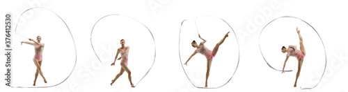 Dynamic. Little flexible girl isolated on white studio background. Little female rhythmic gymnastics artist in bright leotard. Grace in motion, action and sport. Doing exercises, collage with